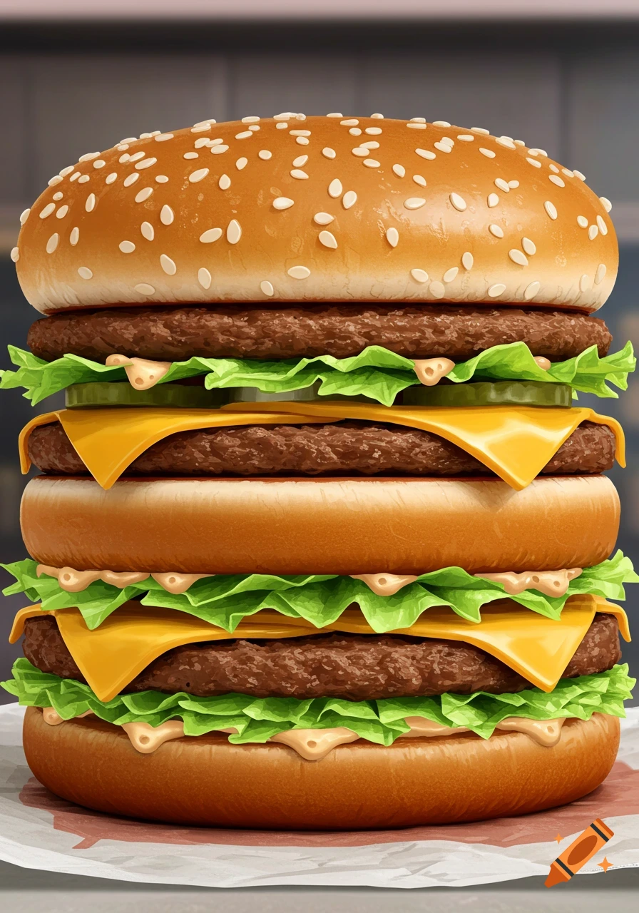 Really big mac burger, additional information is needed for accurate categorization and alt text generation.  Please provide more details about the image, such as the style (e.g., photograph, illustration) and context (e.g., advertisement, menu, artistic rendering). Is there a logo or text present? This extra information will allow to produce more useful output. Is it wide or tall?  Are there children or celebrities present in the scene? Does the scene include strong themes (e.g., violence)?