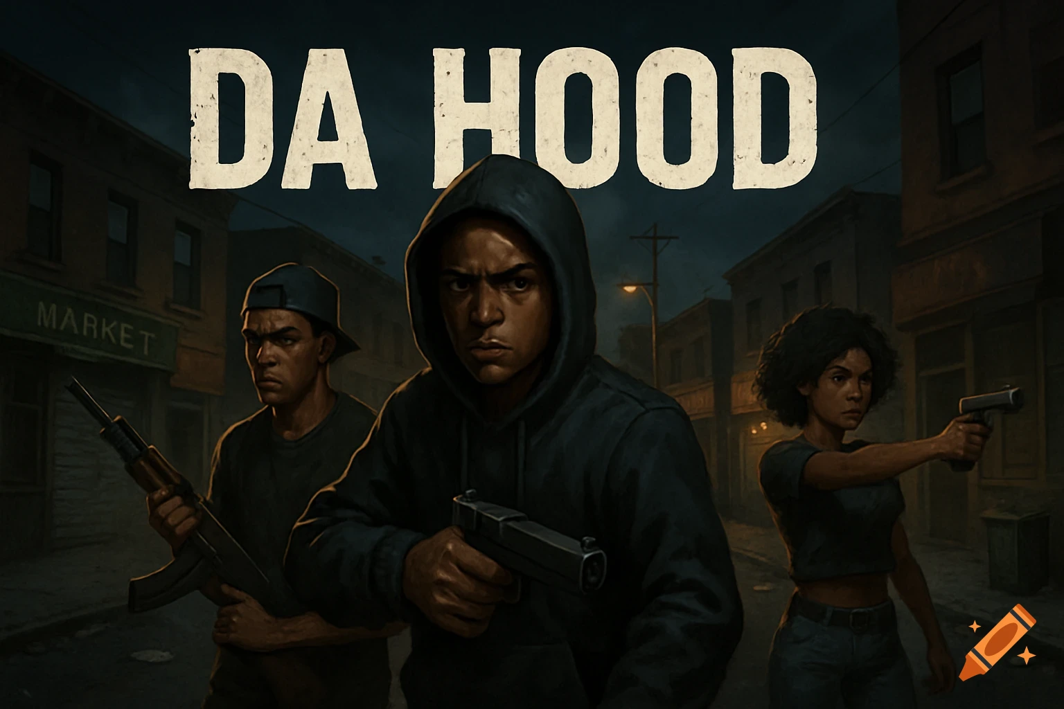 Digital illustration of three figures with weapons in an urban street scene, with the title "DA HOOD".