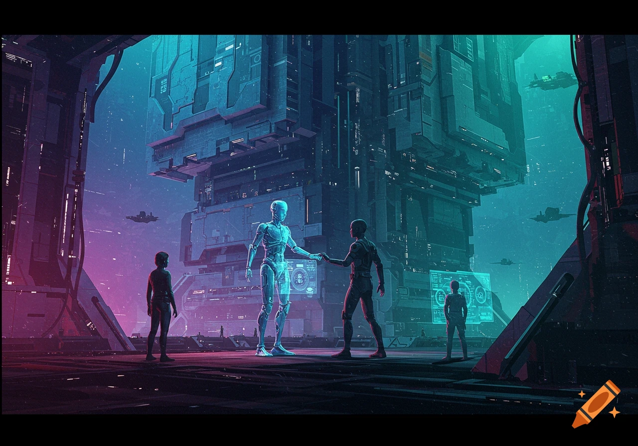 A futuristic cinematic scene of a robot and humans in a sci-fi city.