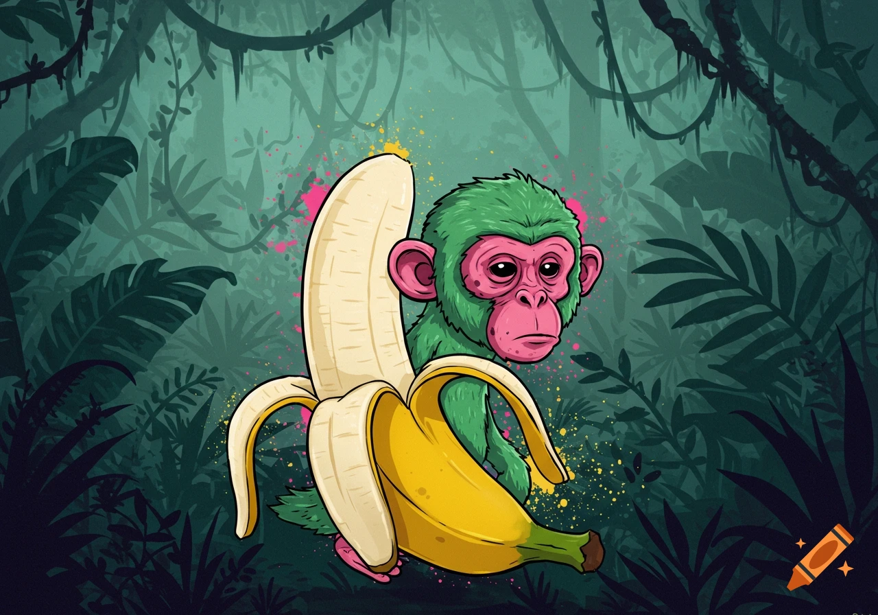 Stylized illustration of a green monkey with a pink face sitting with a large peeled banana in a dark jungle.