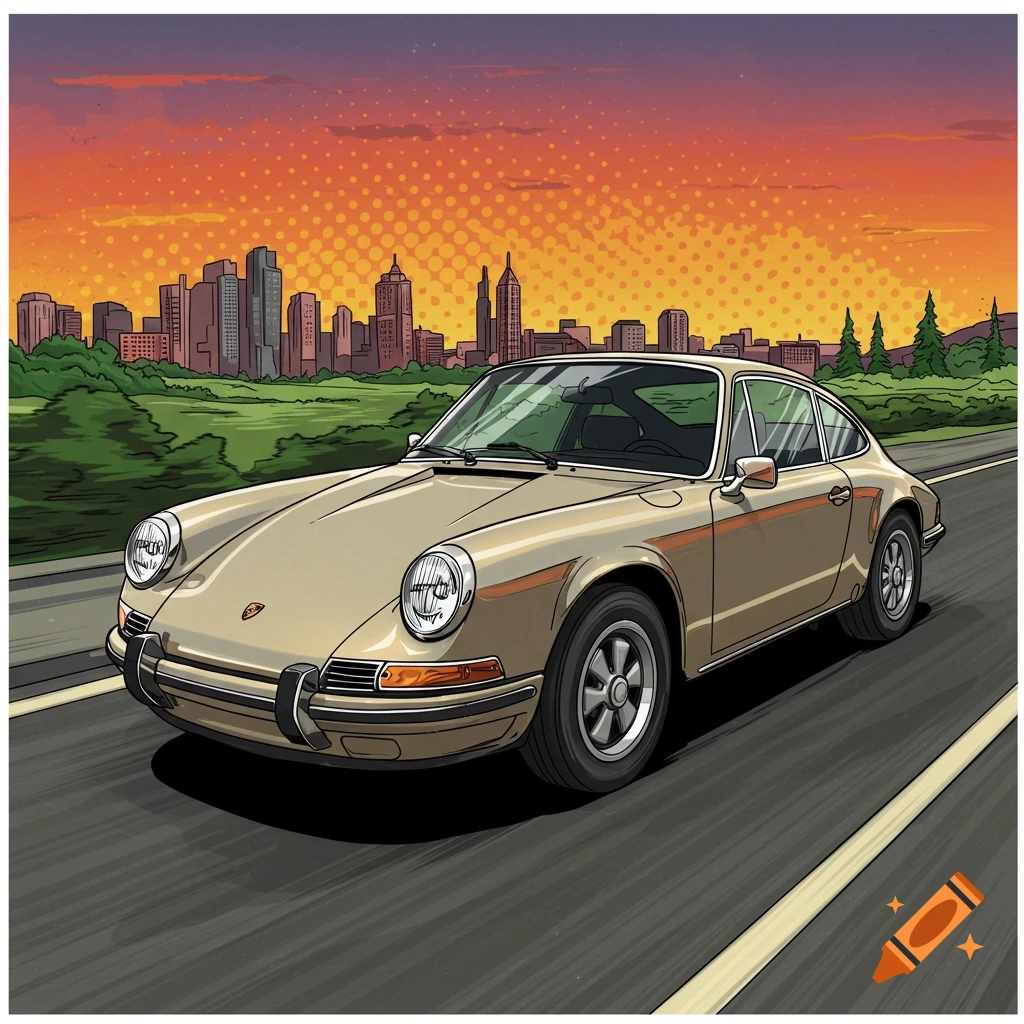 Comic style illustration of a tan 1971 Porsche 911 driving towards a city skyline at sunset.