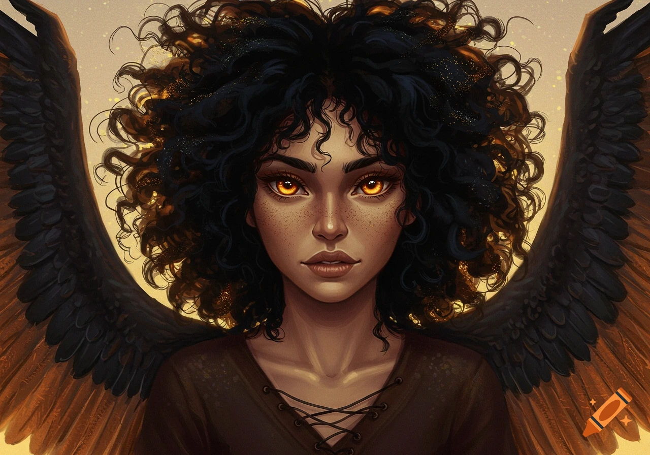 A person with dark curly hair, glowing amber eyes, and large dark wings.