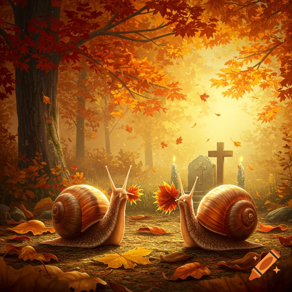 Two snails hold leaves in front of a tombstone and candles in an autumn forest scene.
