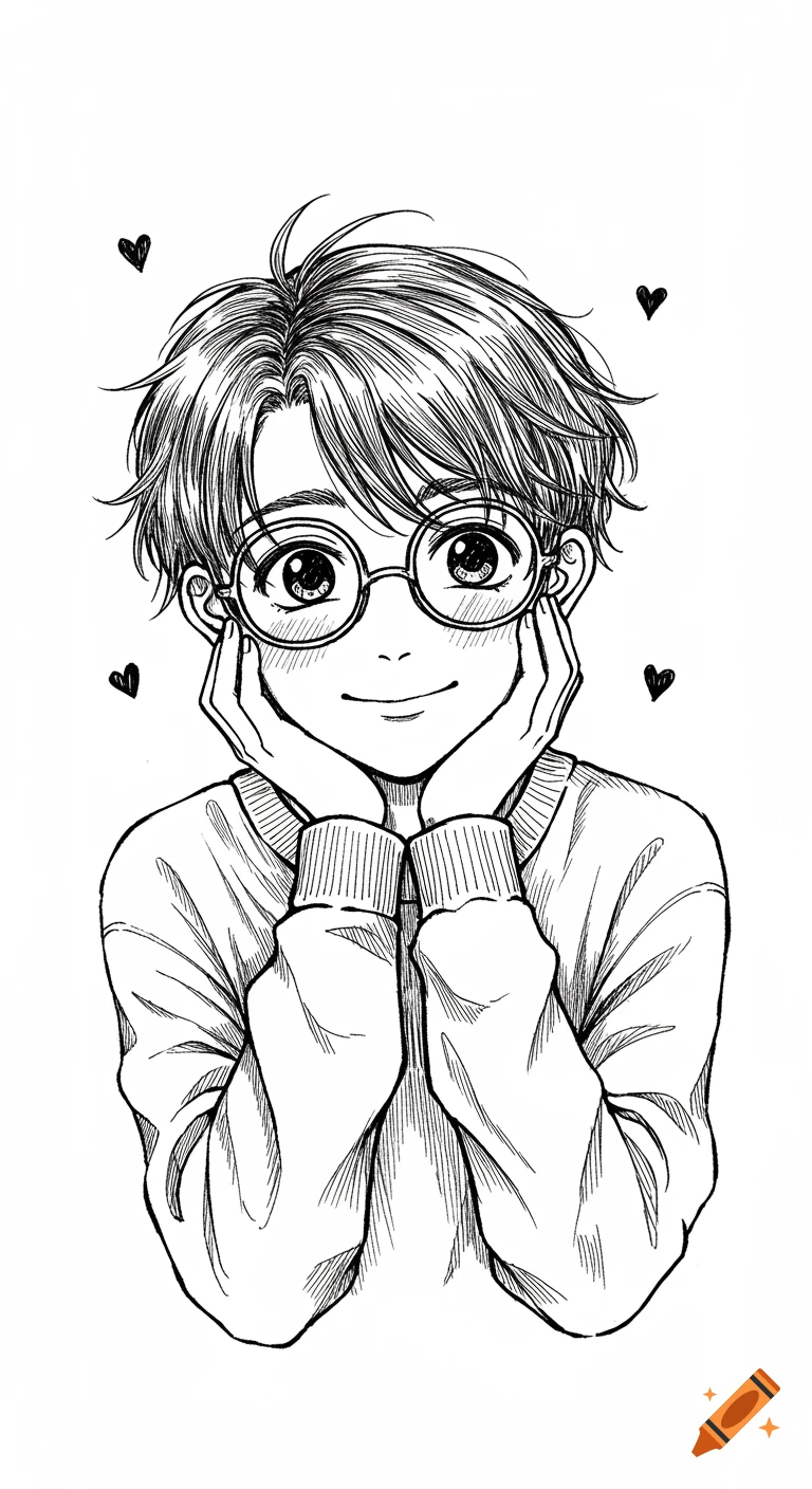 Black and white line drawing of a boy with glasses cupping his face and smiling, with hearts.