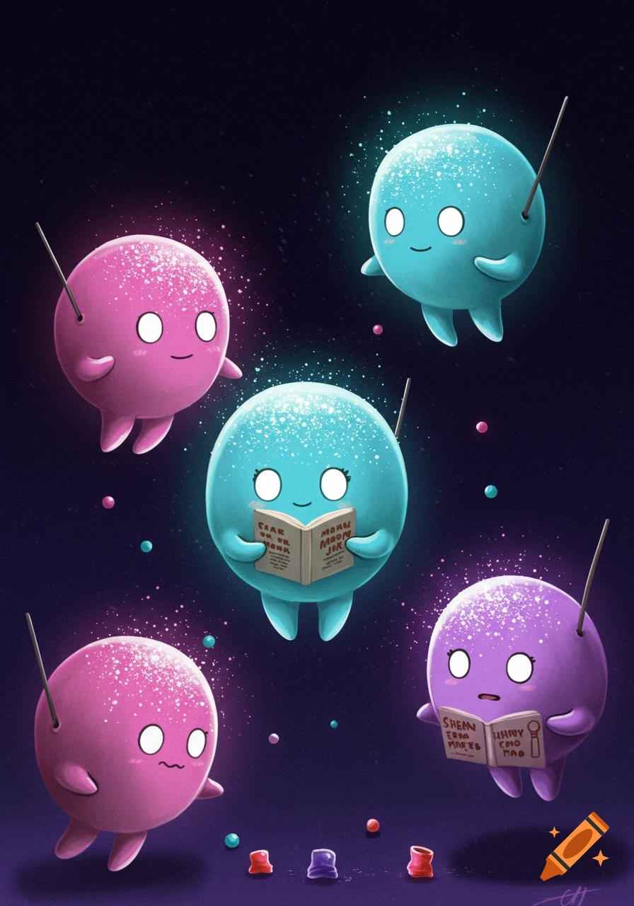Cute floating pink, blue, and purple orb creatures in space, some reading books.