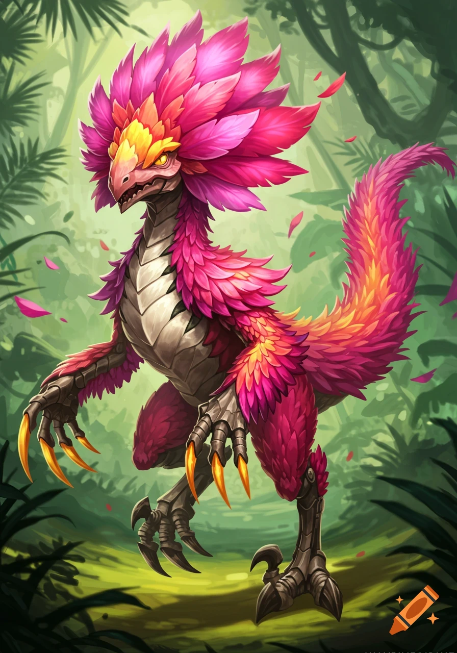 A pink and yellow flower monster with a velociraptor shape is in a jungle.