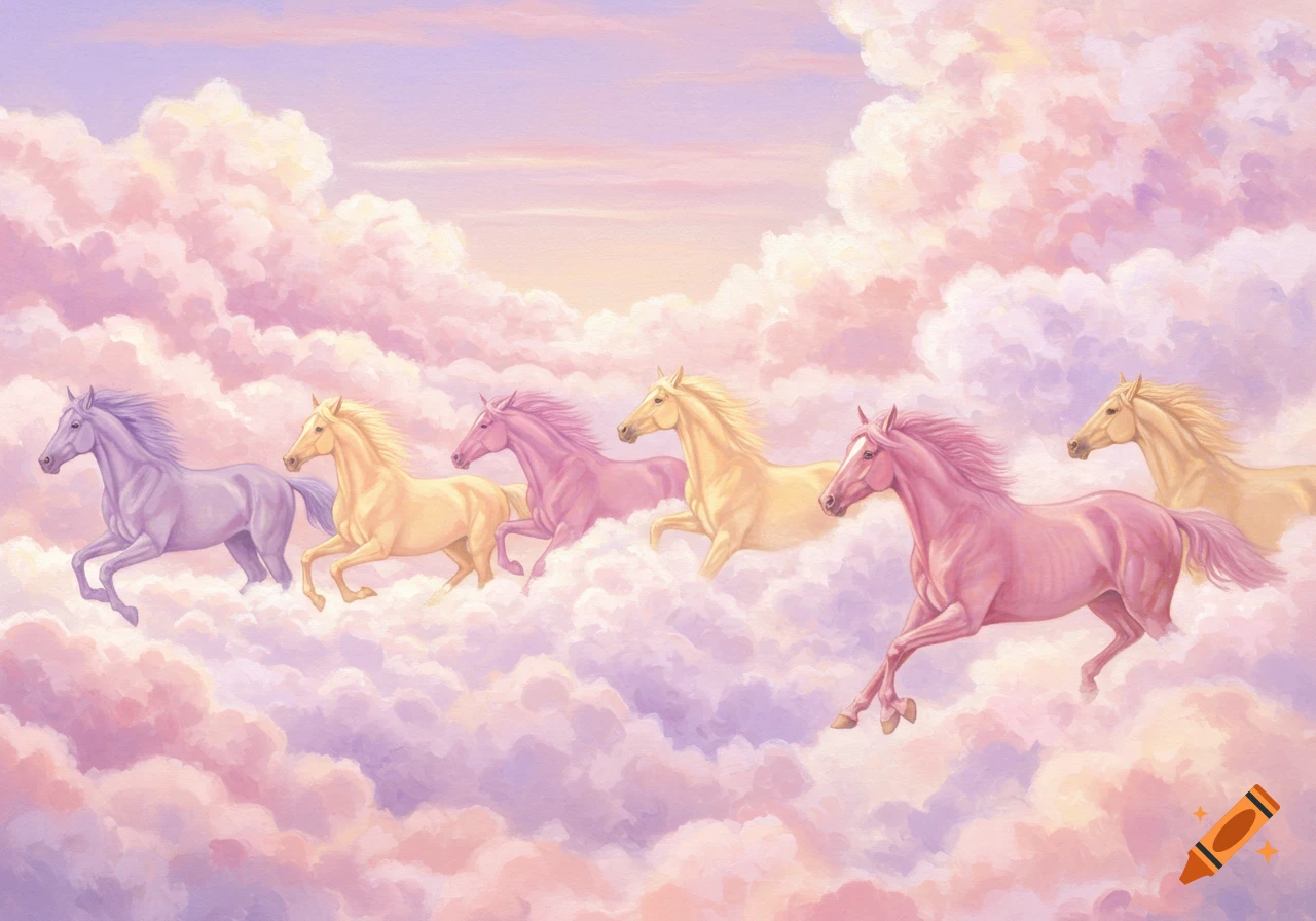 Pastel watercolor horses galloping through pink and purple clouds.