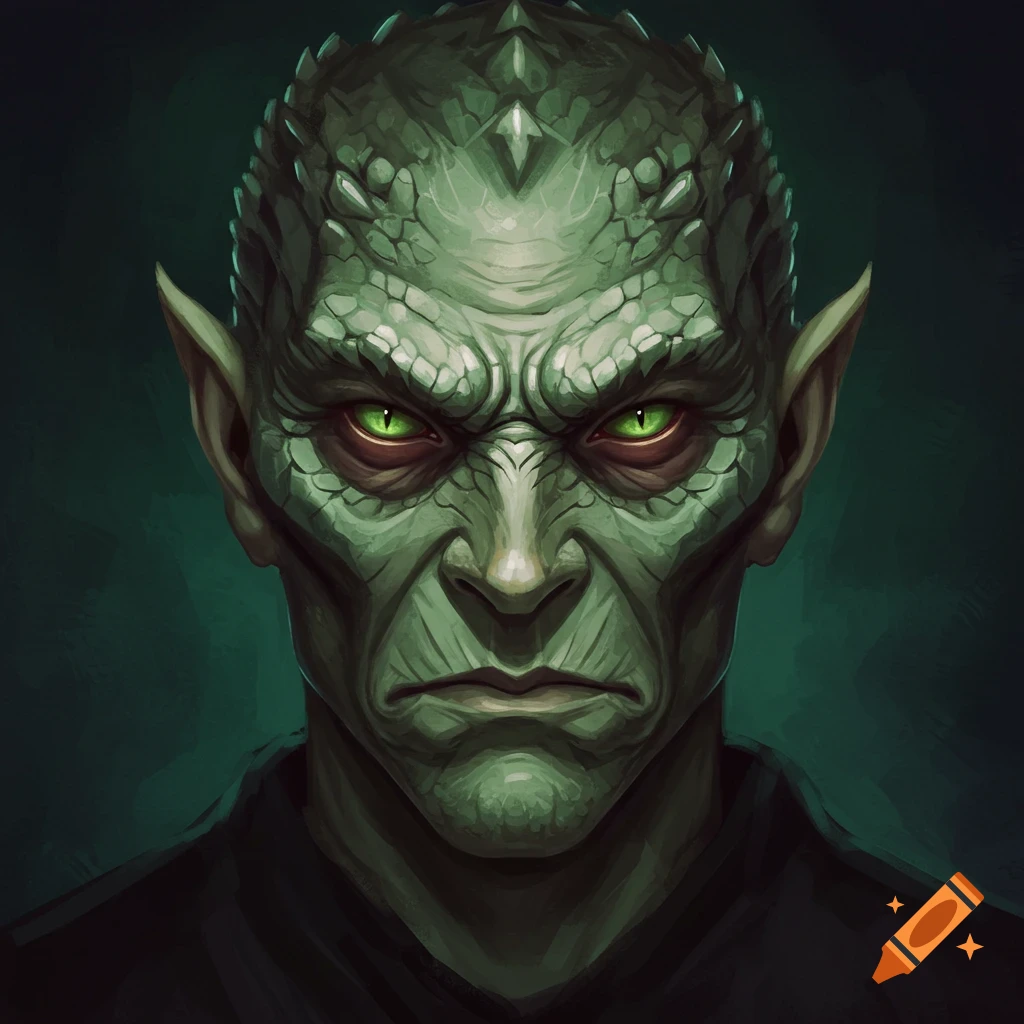A close-up of a reptilian man's face with green eyes.