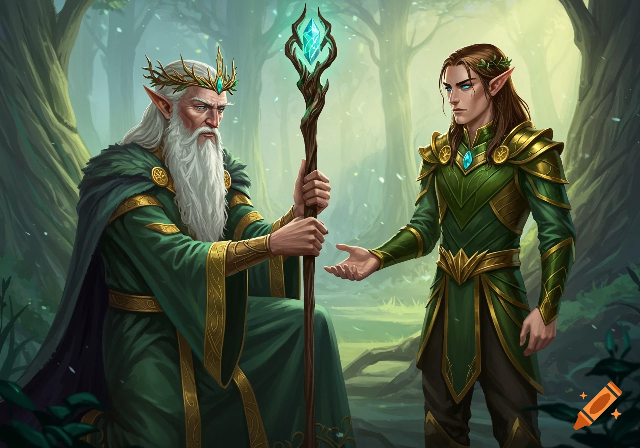 An older elf with a staff and a younger elf in a forest