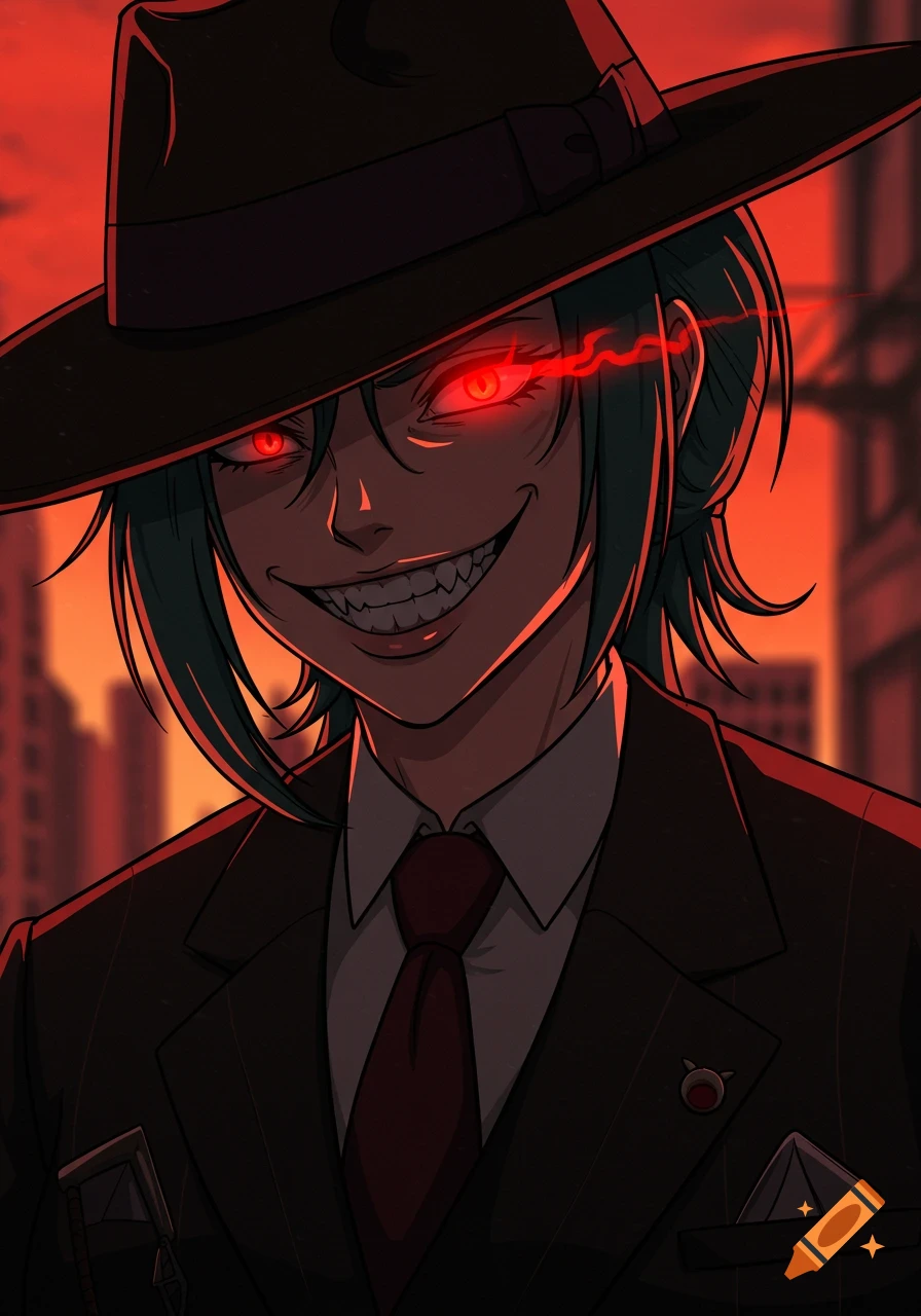 Anime style illustration of a character in a suit and fedora with glowing red eyes and sharp teeth