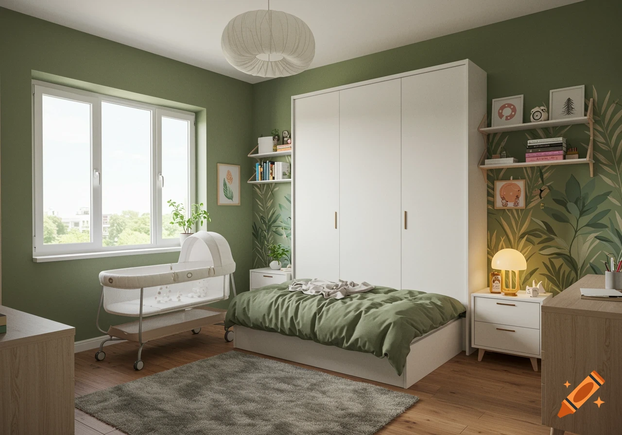 A realistic rendering of a Japandi-style bedroom with a baby bassinet, bed, wardrobe, and leafy green accent wall.