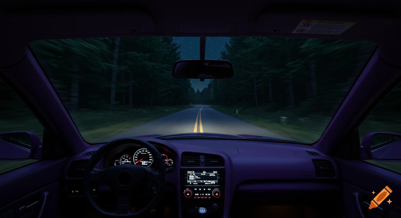 View from inside a purple car driving on a forest road at night