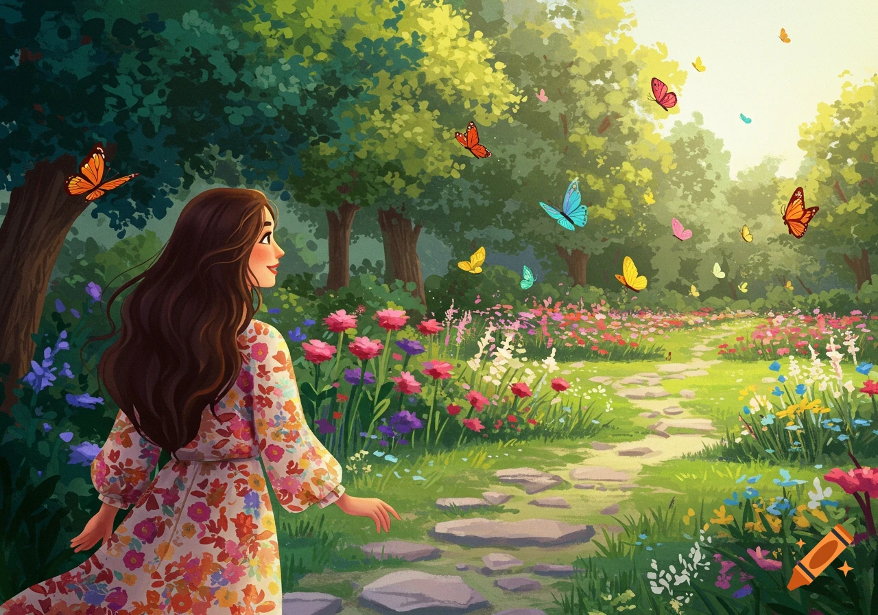 A woman walks through a vibrant flower garden with butterflies.