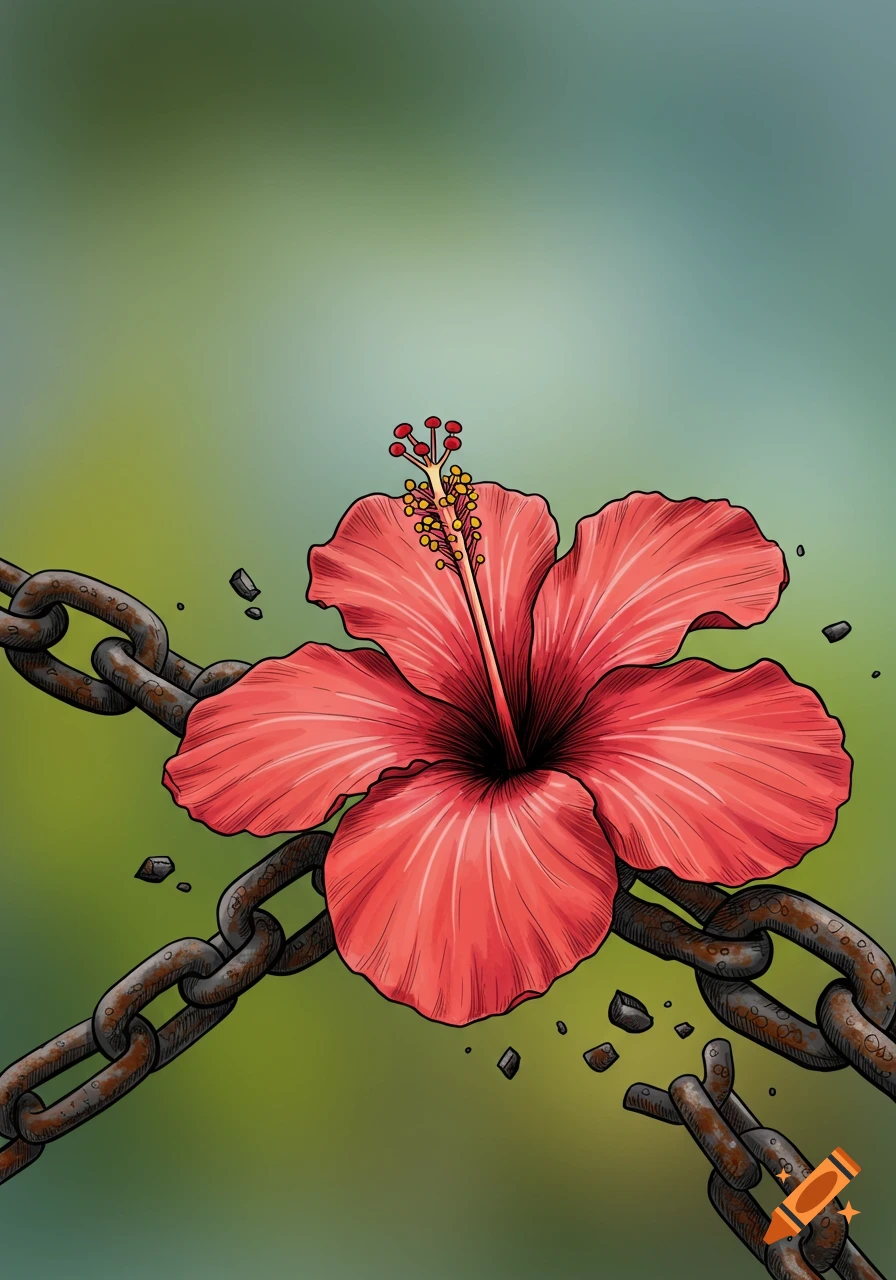 Drawing of a red hibiscus flower breaking a rusty chain against a green background.