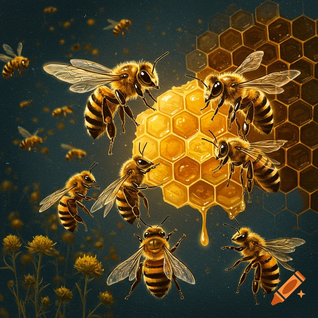 Digital painting of honey bees surrounding and working on a honeycomb, with dripping honey.