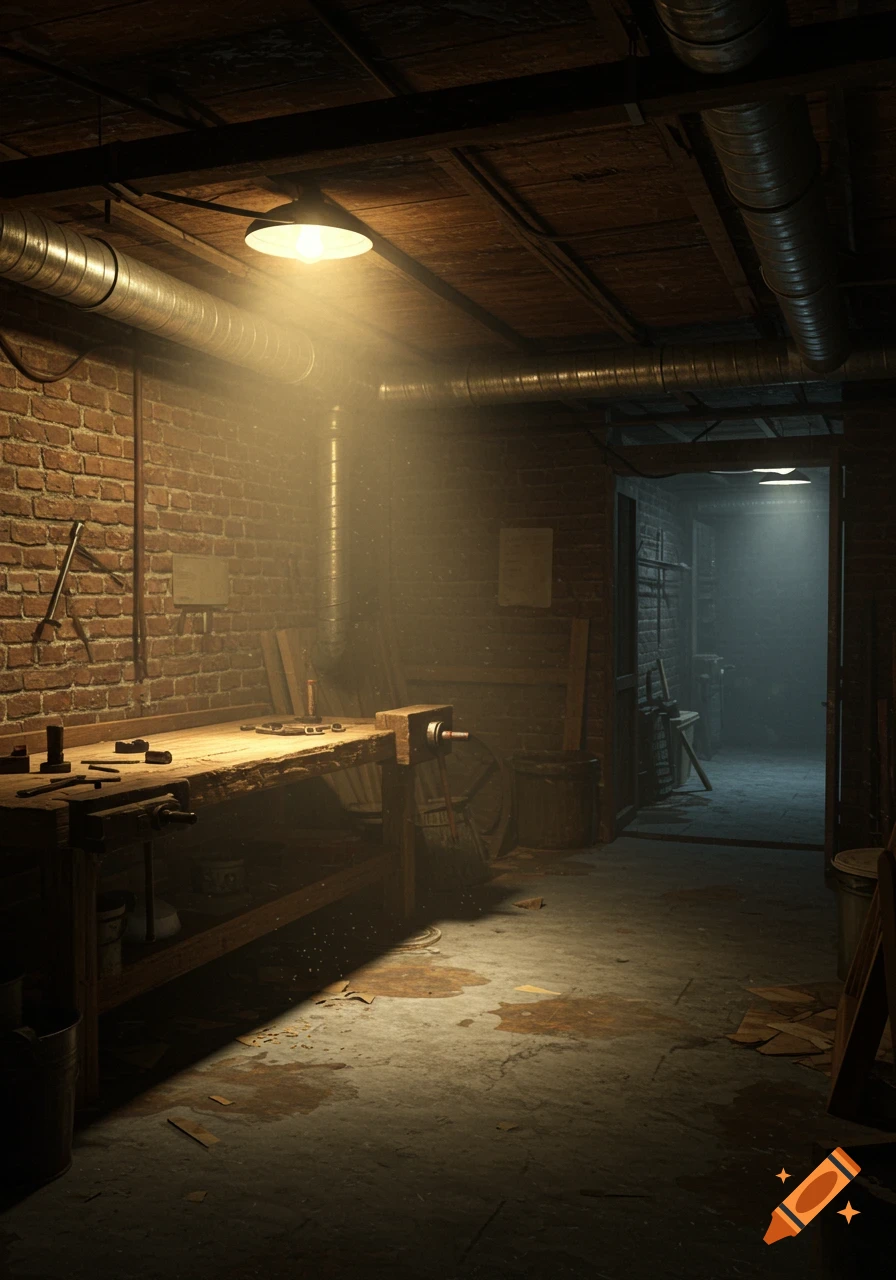 A dimly lit basement workshop with a workbench.