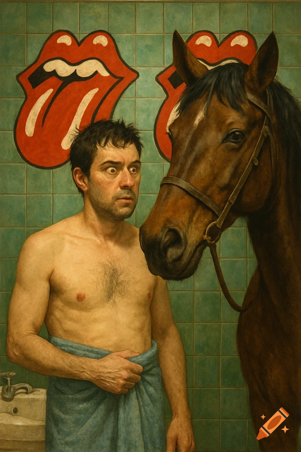 Surreal digital painting of man and horse in bathroom with Rolling Stones logos on wall.