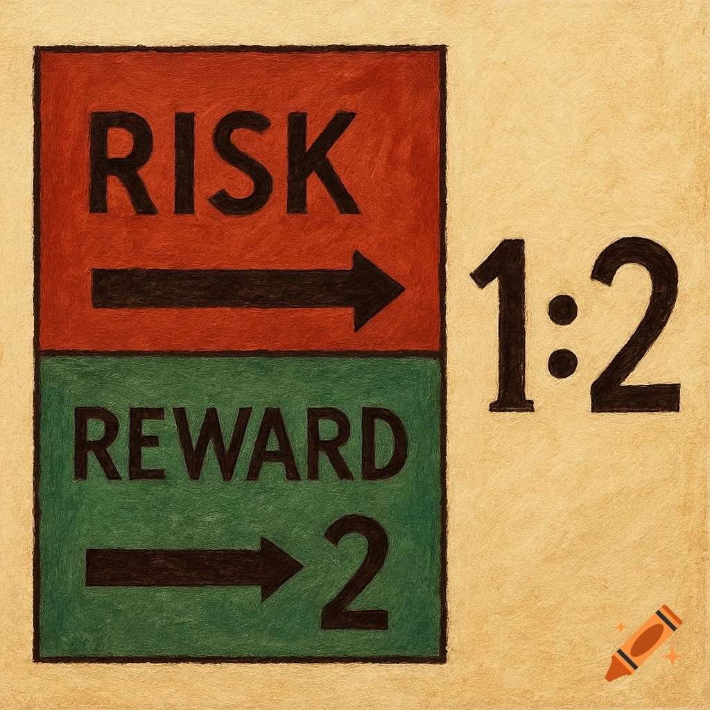 Graphic illustration of a 1:2 Risk-Reward ratio with text 'RISK' and 'REWARD'.