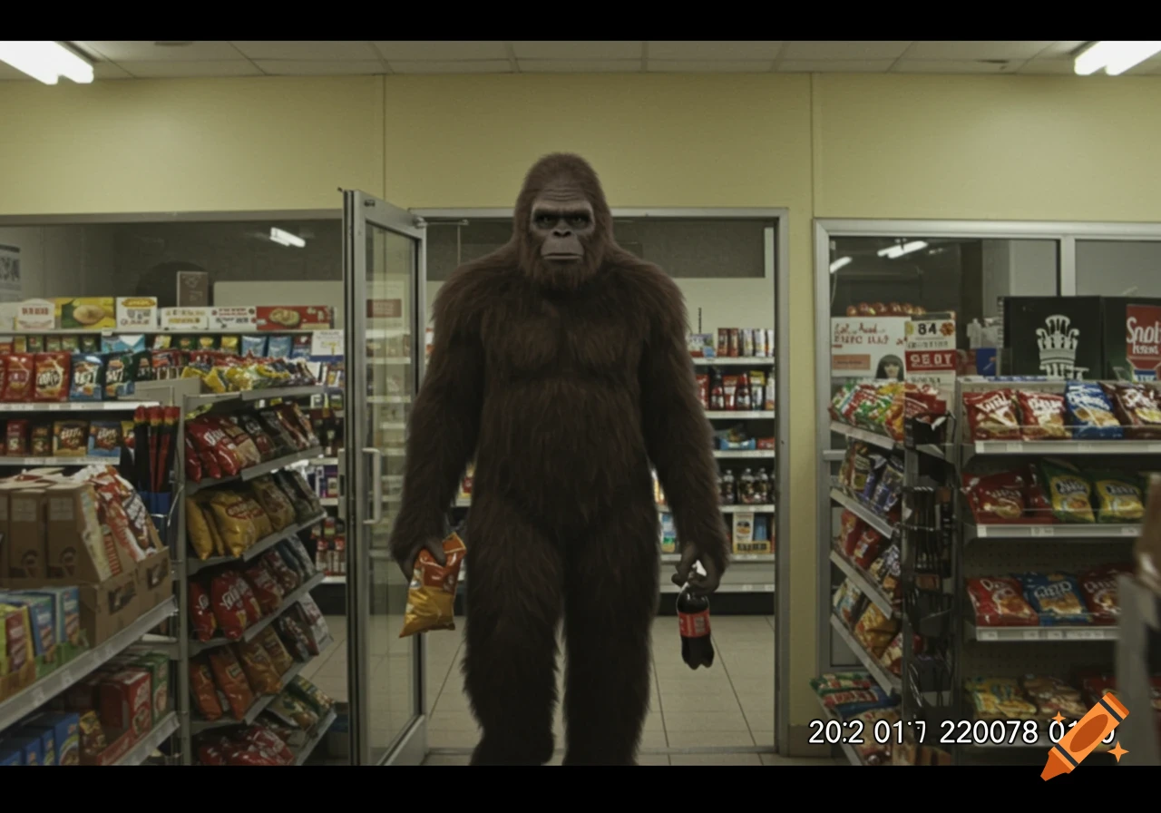 Sasquatch stands in a convenience store aisle holding snacks and a drink, appearing like CCTV footage.