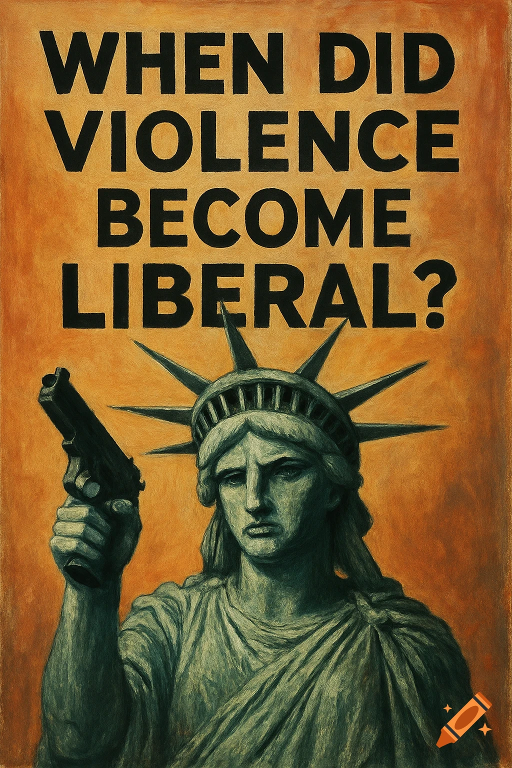 Statue of Liberty holding a gun under the text "When Did Violence Become Liberal?" in a painting style.