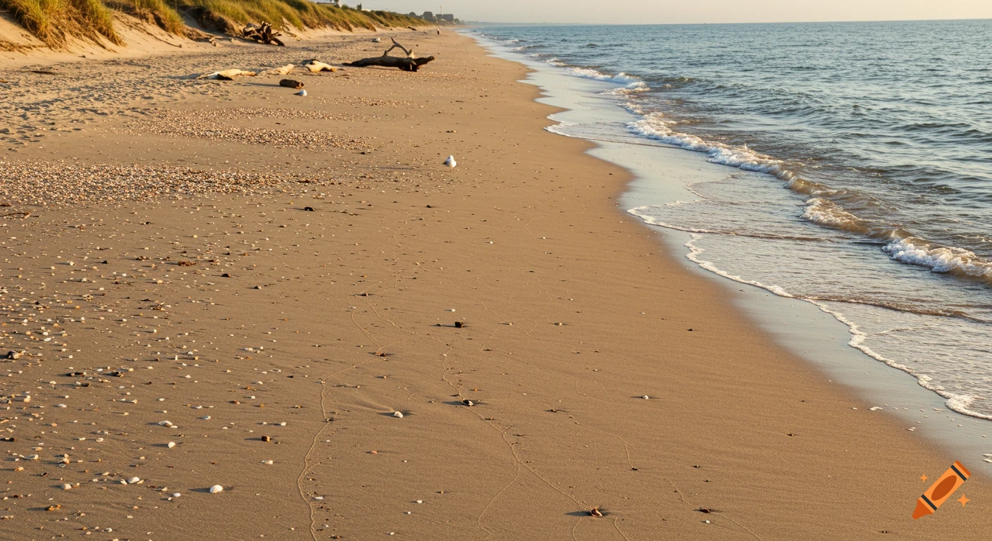 A sandy beach dotted with shells and driftwood as gentle waves roll onto the shore.
