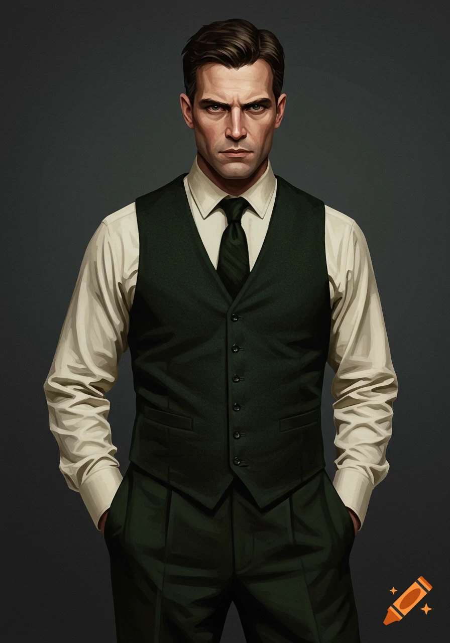 A man is wearing a dark green vest over a cream shirt.