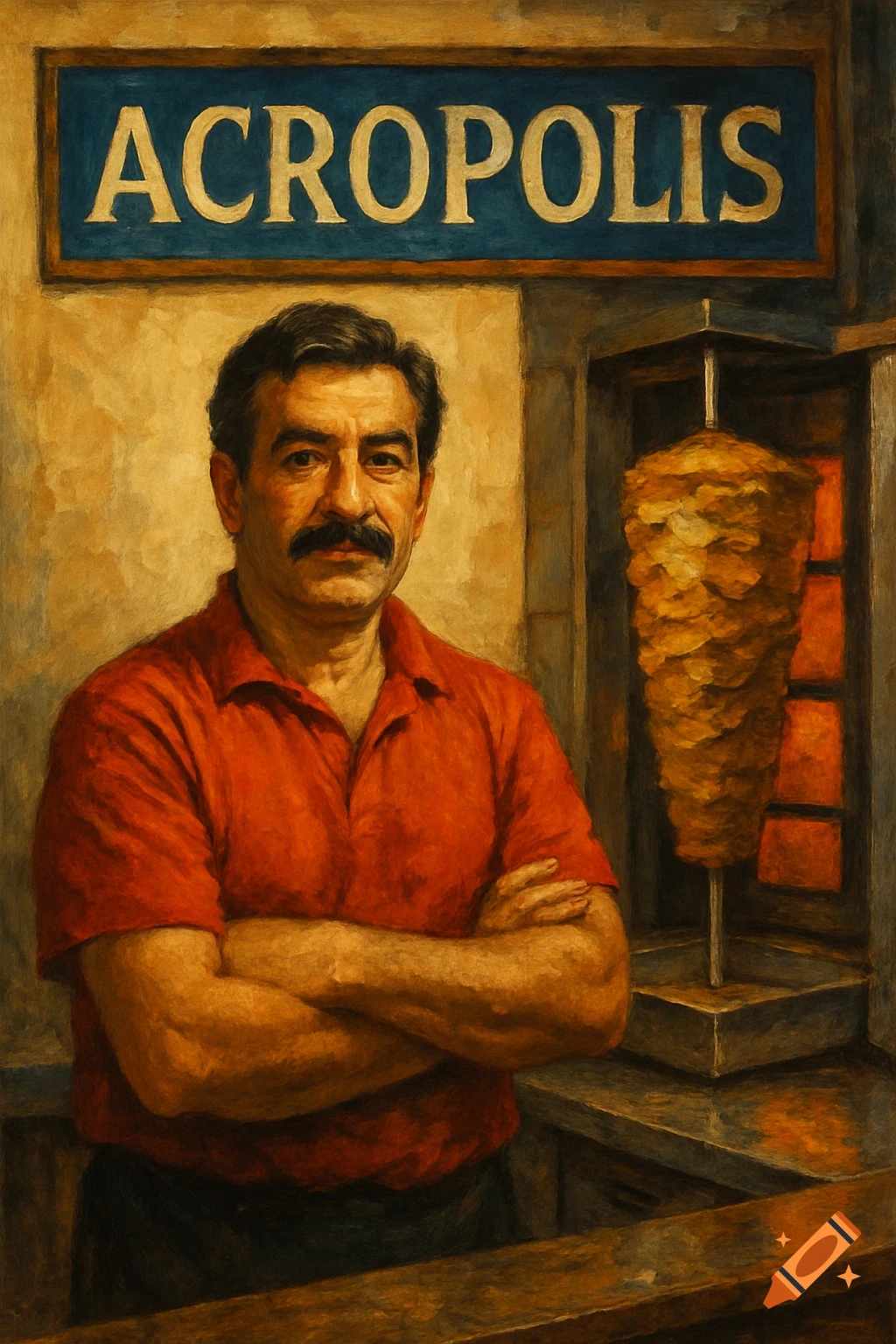 A man with a mustache stands in a kebab shop next to a meat spit. A sign overhead reads 'ACROPOLIS'.