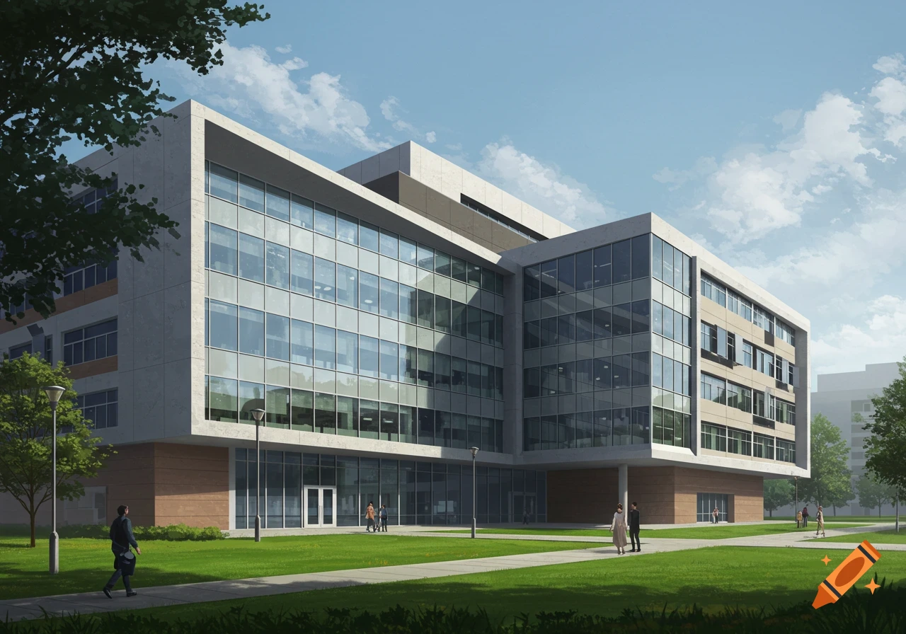 A modern building with large windows and concrete facade on a sunny day.