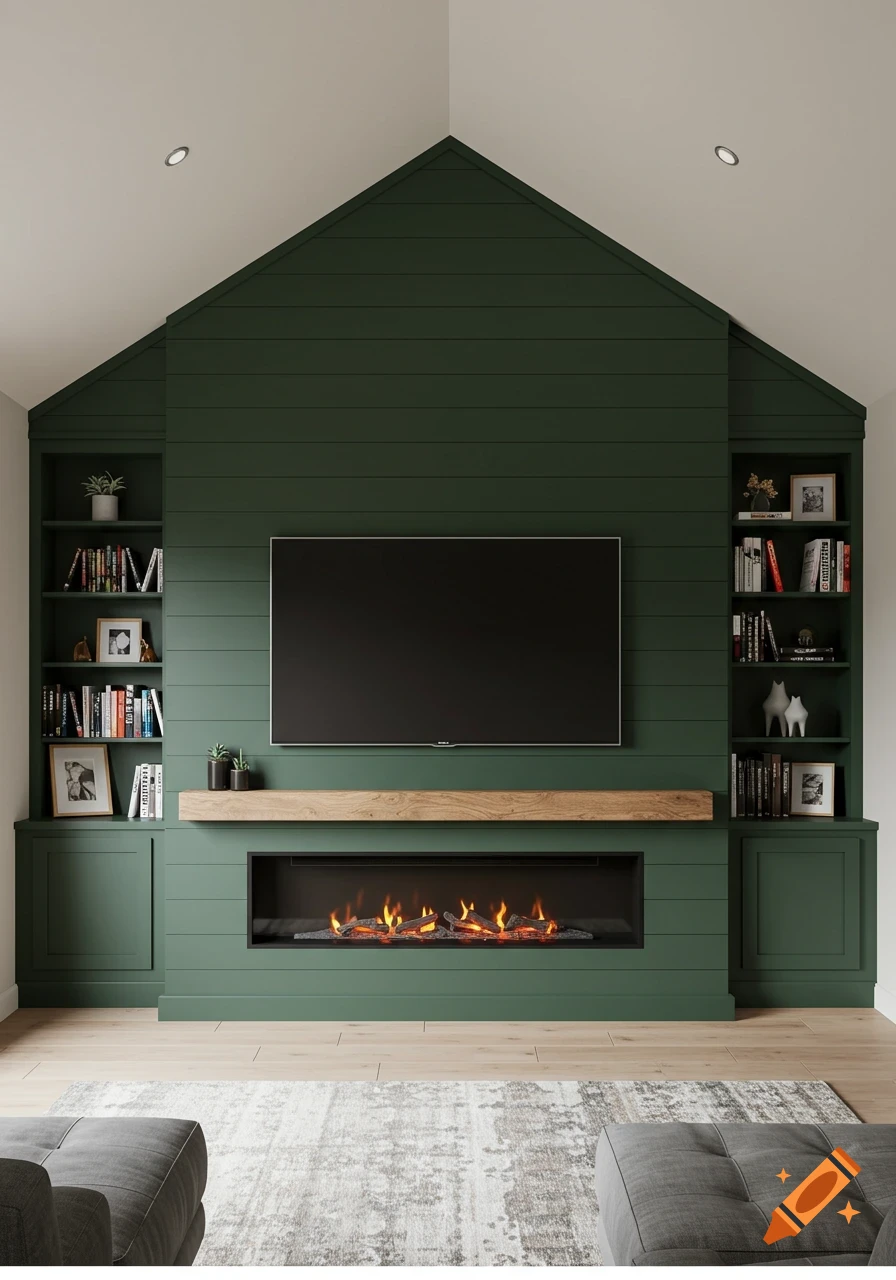 A living room wall features a large TV mounted above a long electric fireplace, flanked by built-in bookshelves, all set against a dark green shiplap wall.