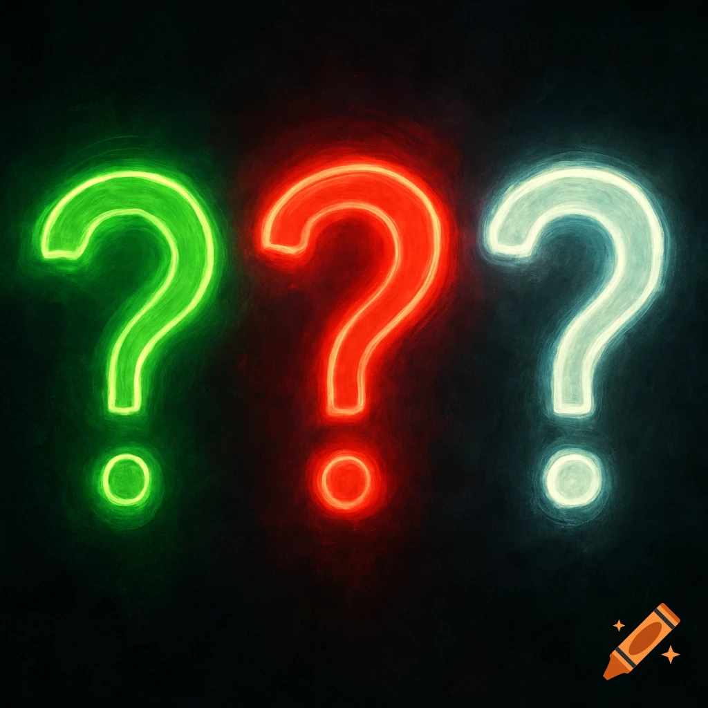 Three neon question marks (green, red, white) on a dark background in a digital art style.