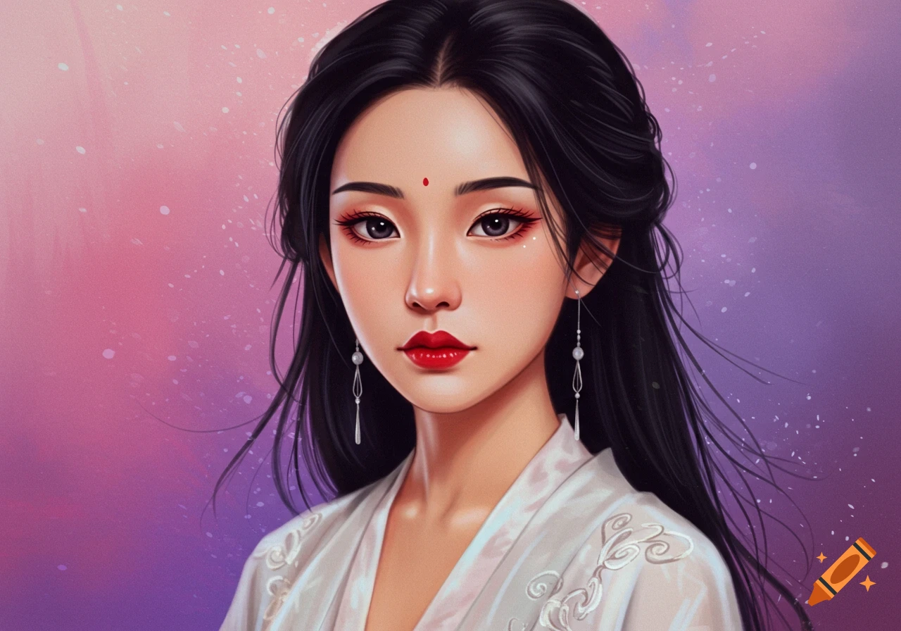 Portrait of a woman with dark hair and red makeup in traditional clothing.