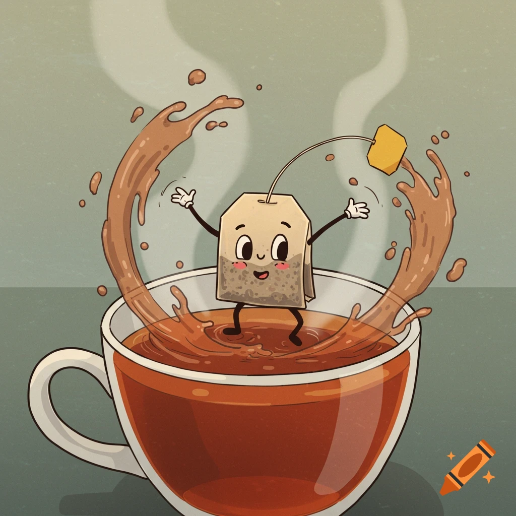 An animated tea bag character stands in a splashing teacup.