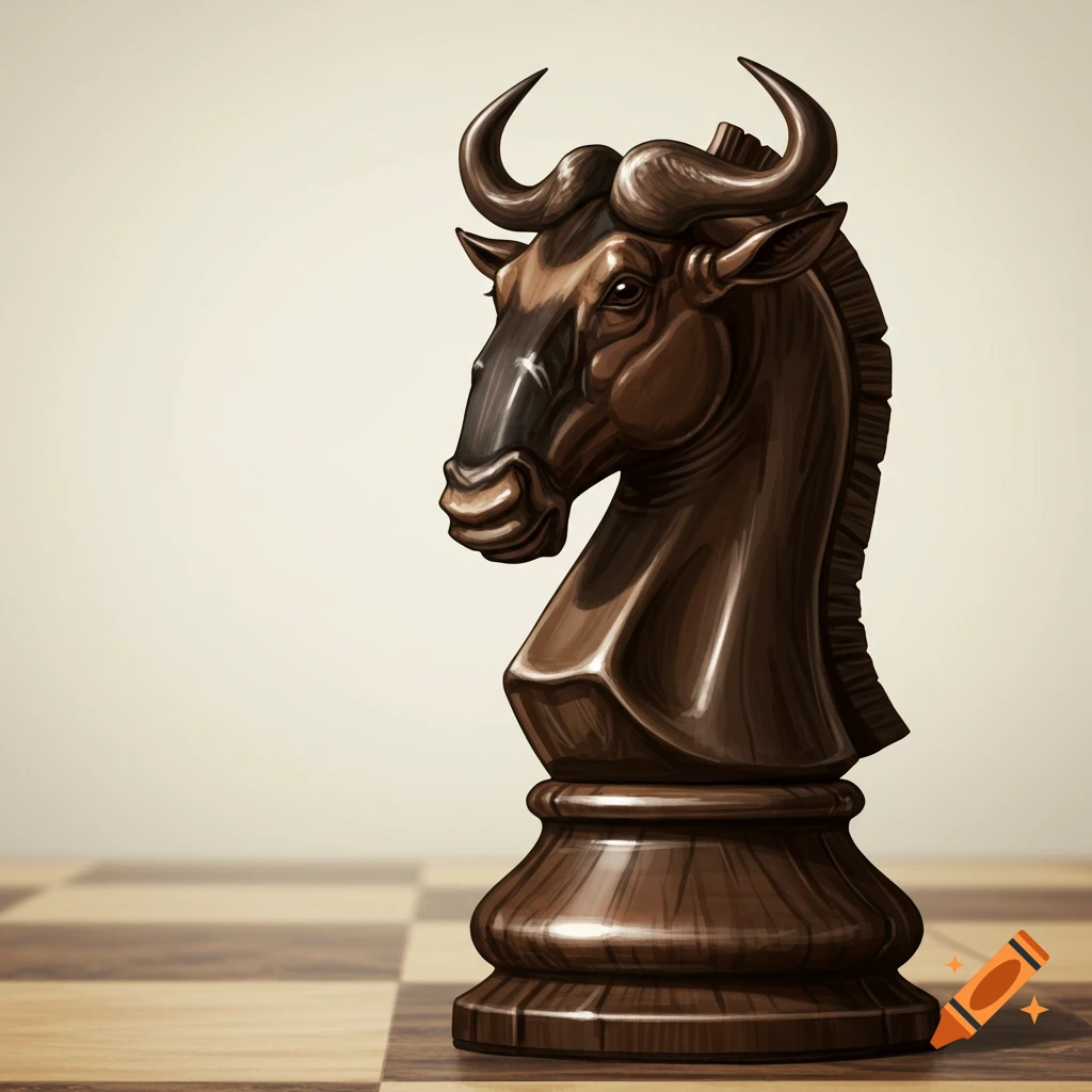 A knight chess piece with a wildebeest head sits on a chessboard.