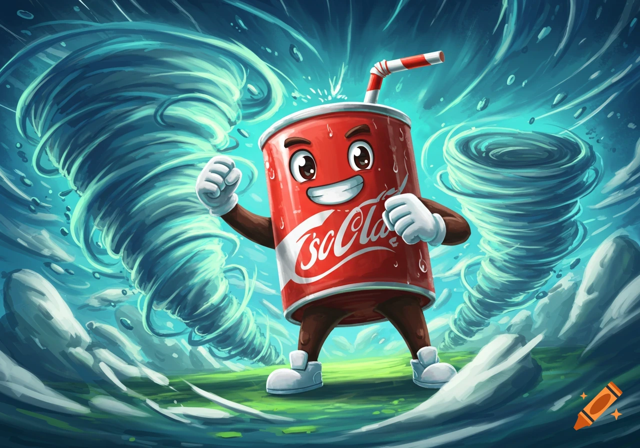 Cartoon soda can mascot stands between two tornados.