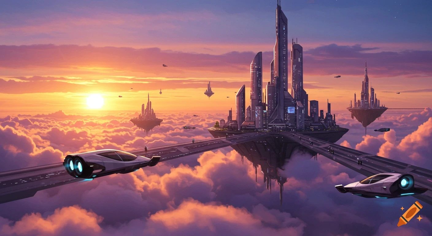 A futuristic city floating above clouds at sunset with flying vehicles.