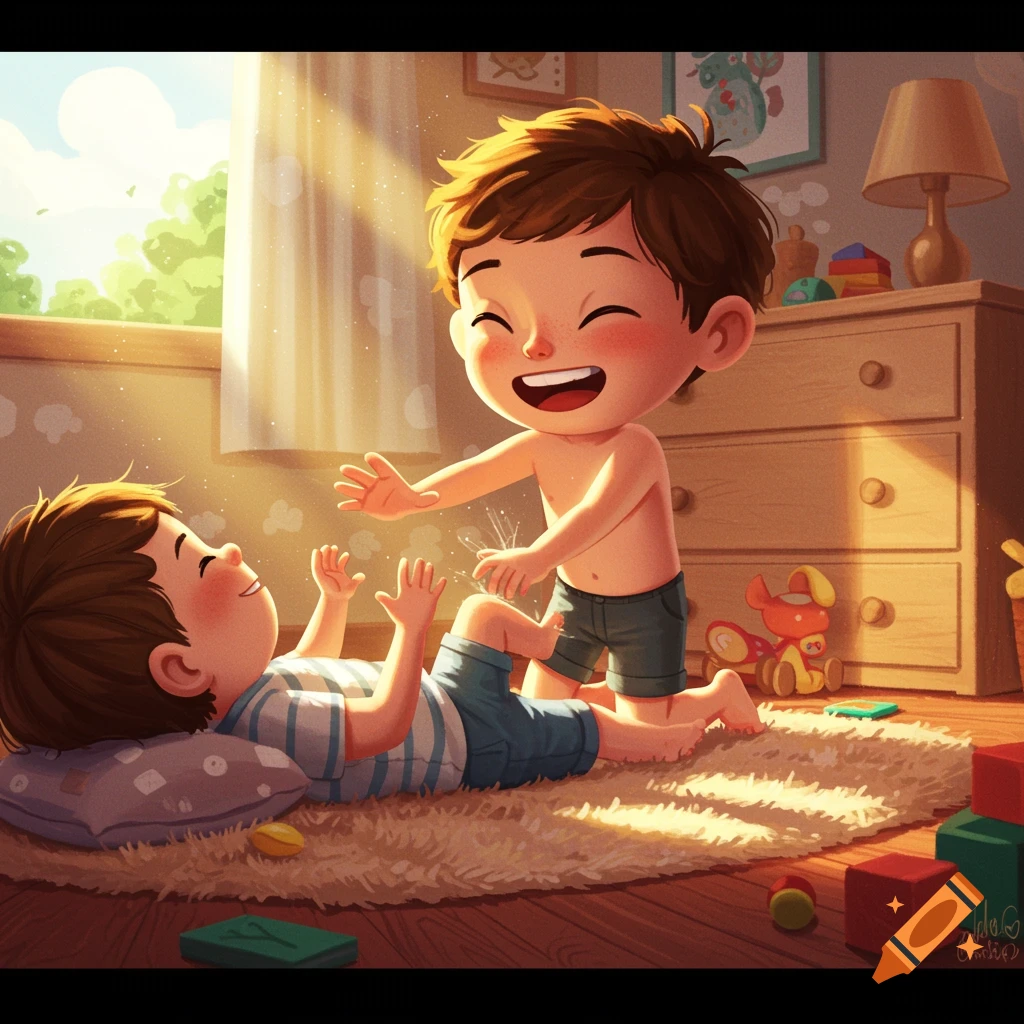 Two cartoon boys playing and tickling in a sunny bedroom.