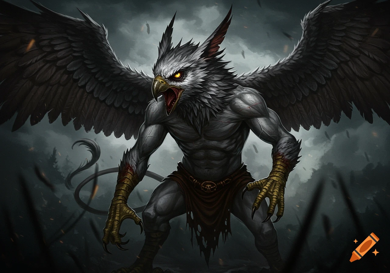A hyper-realistic scary griffin creature with large wings is depicted in a stormy, dark fantasy scene.