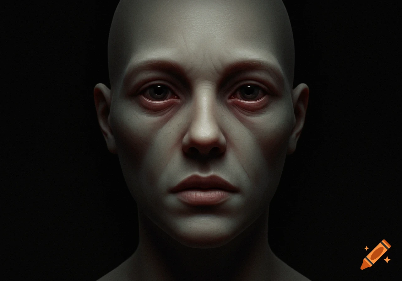 Close-up portrait of a pale, bald person's face with dark eyes against a black background.