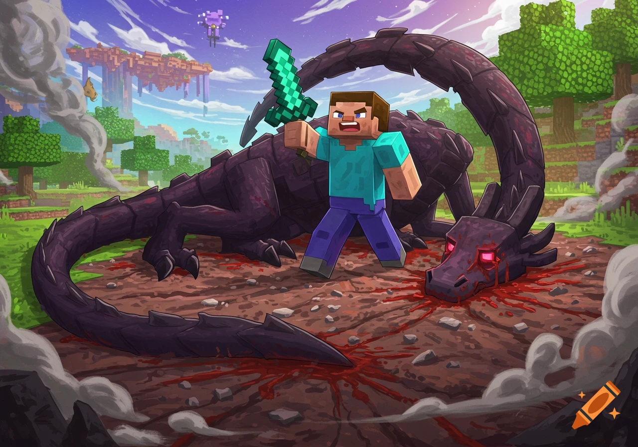 Minecraft Steve stands over a defeated Ender Dragon in an anime style illustration.