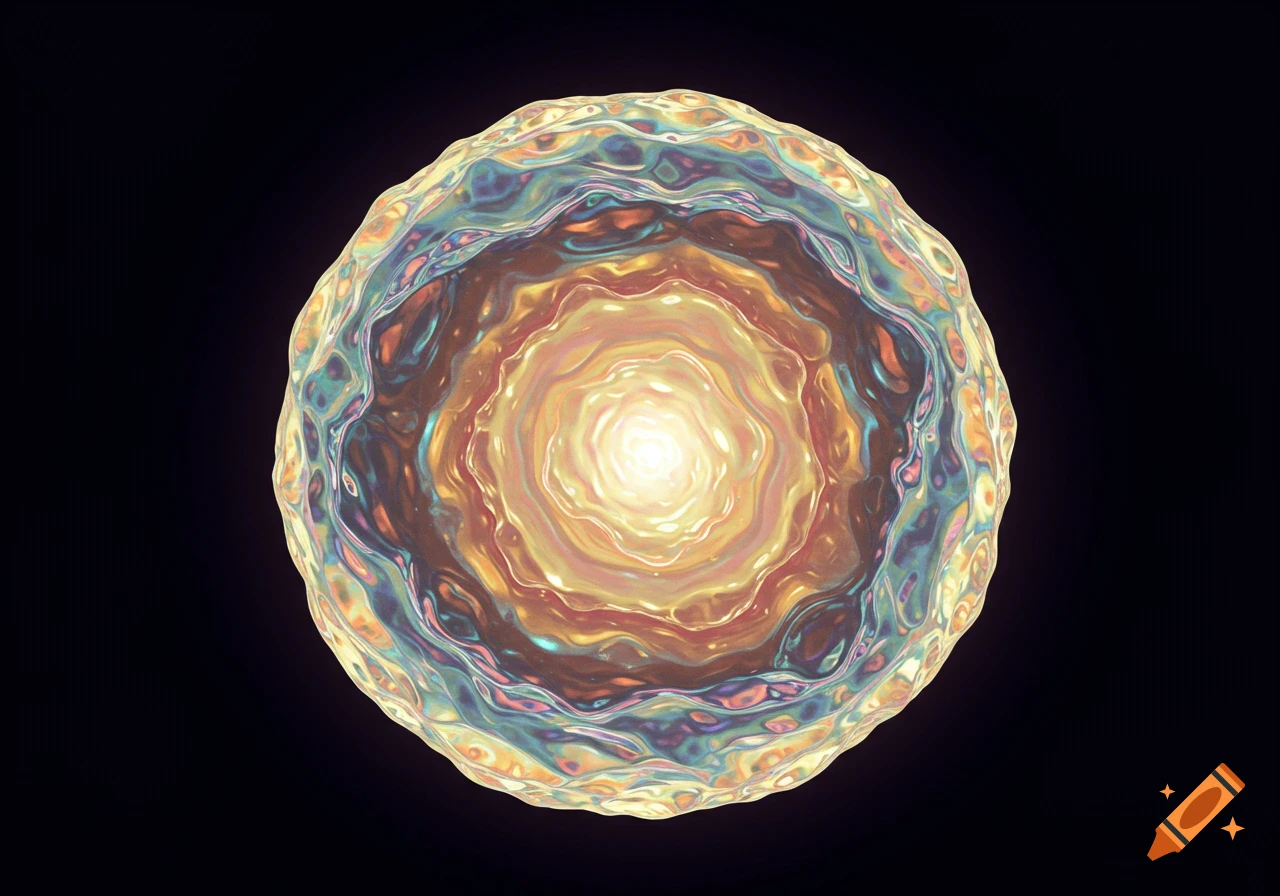 A digital painting of a swirling, translucent, iridescent orb with a bright center against a black background.