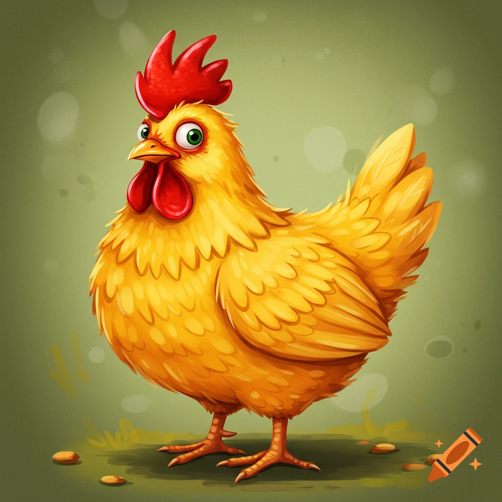 A cute cartoon chicken stands on grass.
