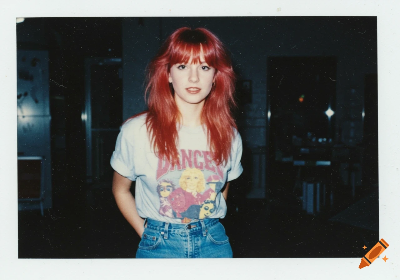 A young woman with red hair wearing a graphic t-shirt and jeans, in a dark room, captured on a 1990s polaroid.