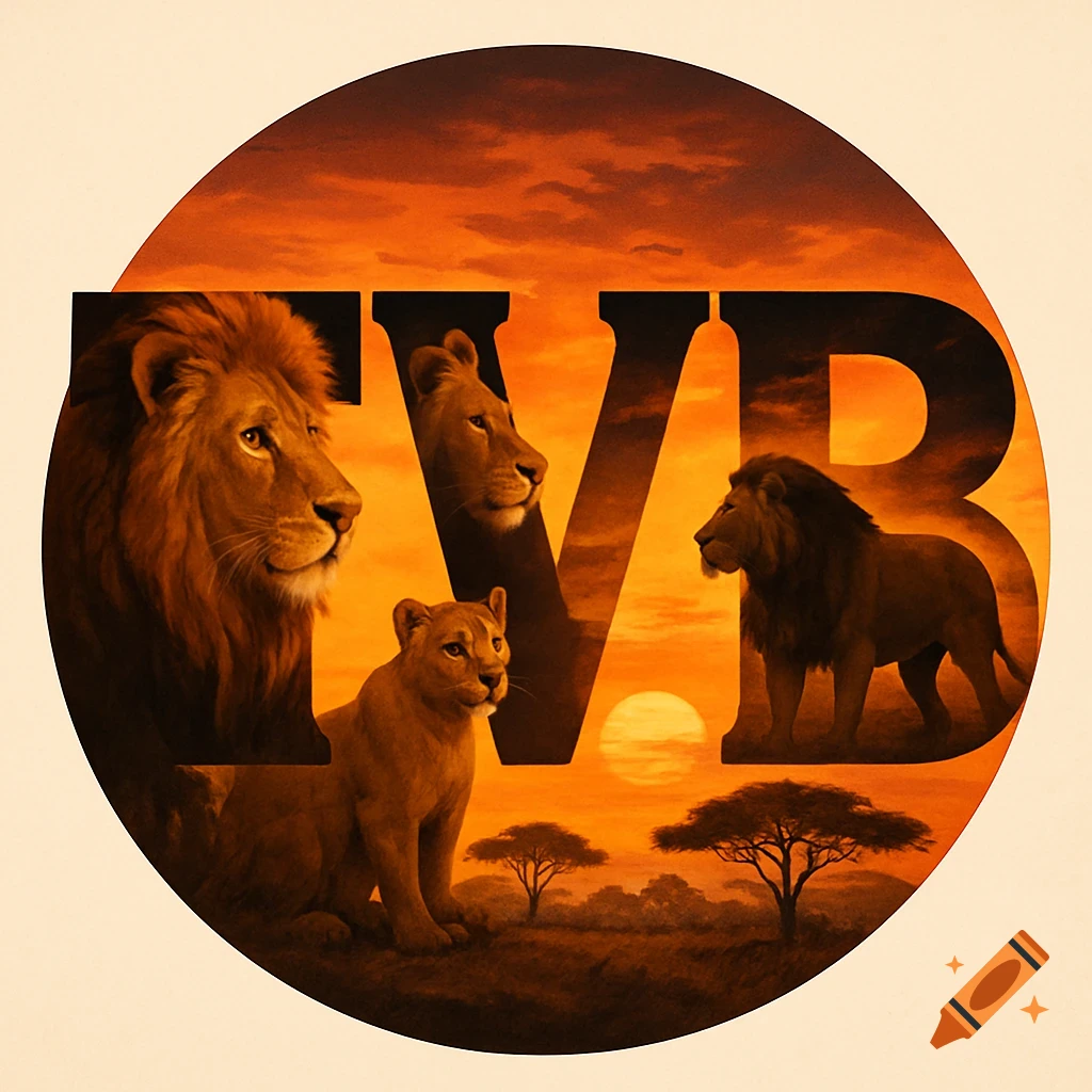 Lions within the letters TVB against an African sunset background in a circle.