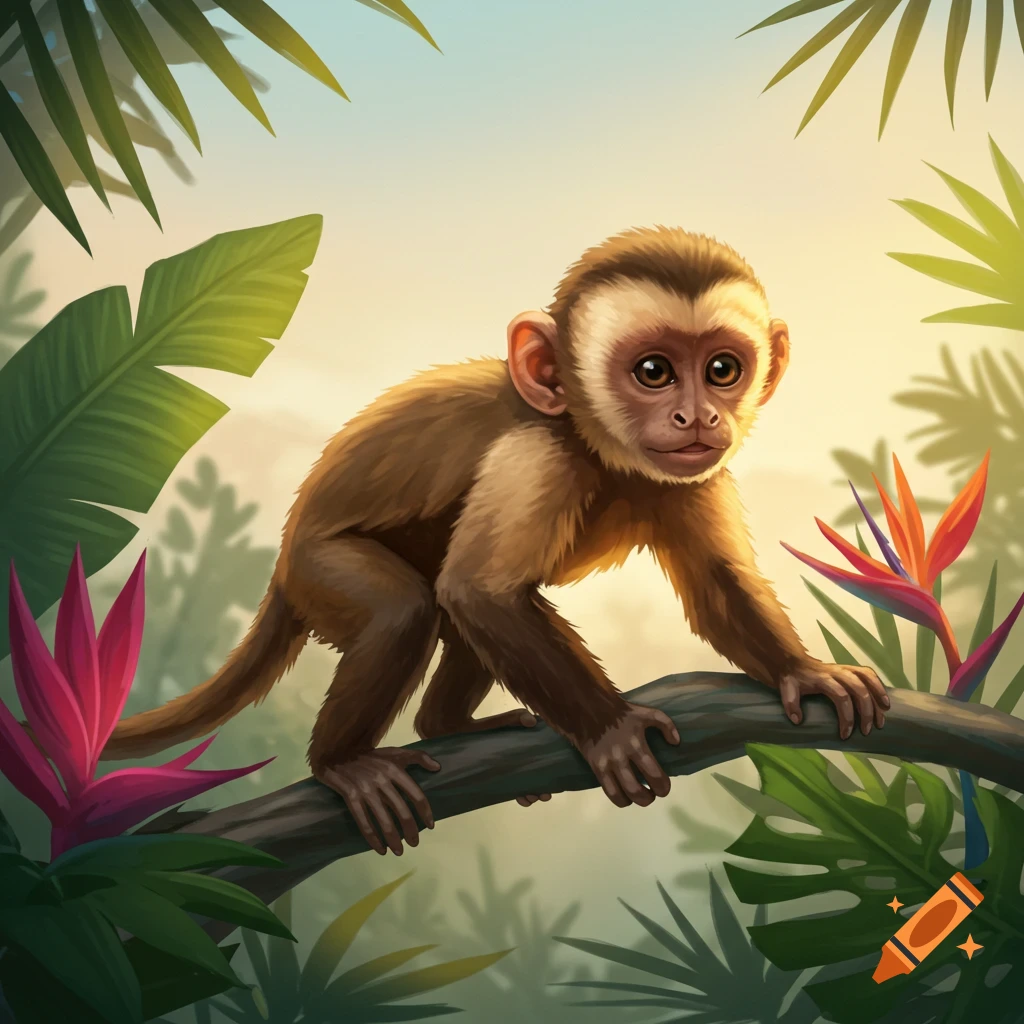 An illustration of a small monkey sitting on a branch in a tropical jungle