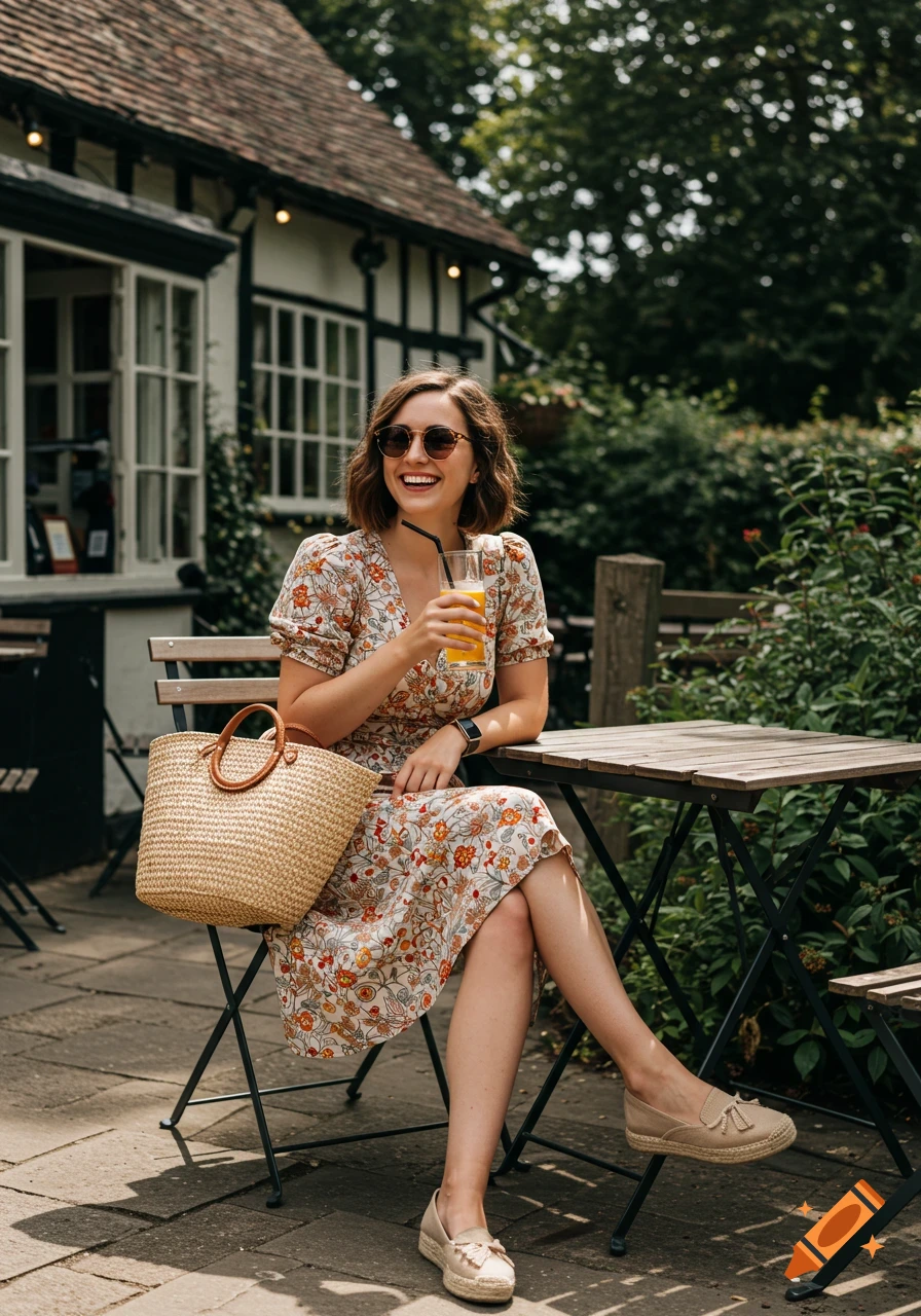 A fashionable woman in sunglasses sits at an outdoor cafe table, drinking orange juice.