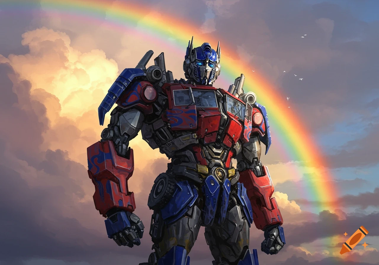 Optimus Prime stands under a rainbow in a cloudy sky.