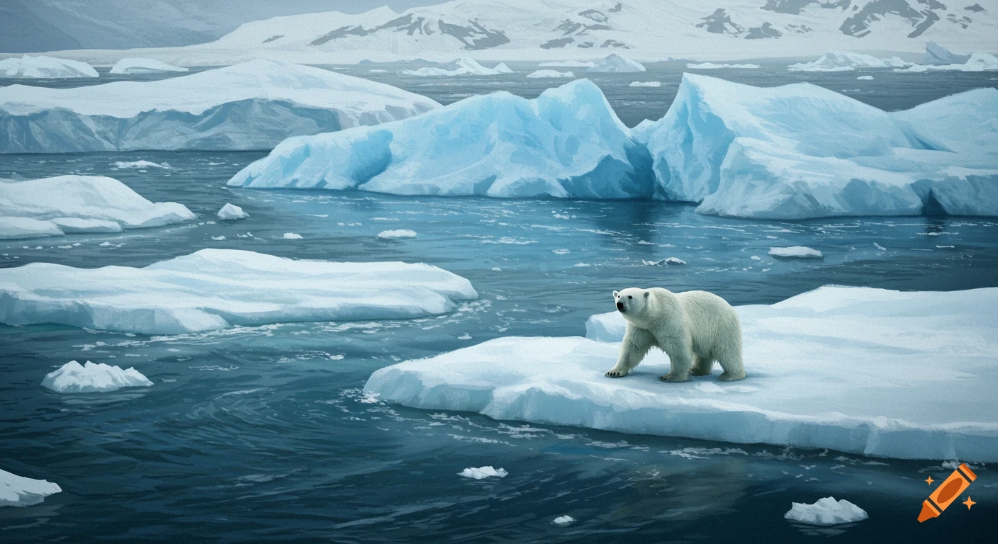 A polar bear stands on a small ice floe in a blue arctic sea with large glaciers in the background.