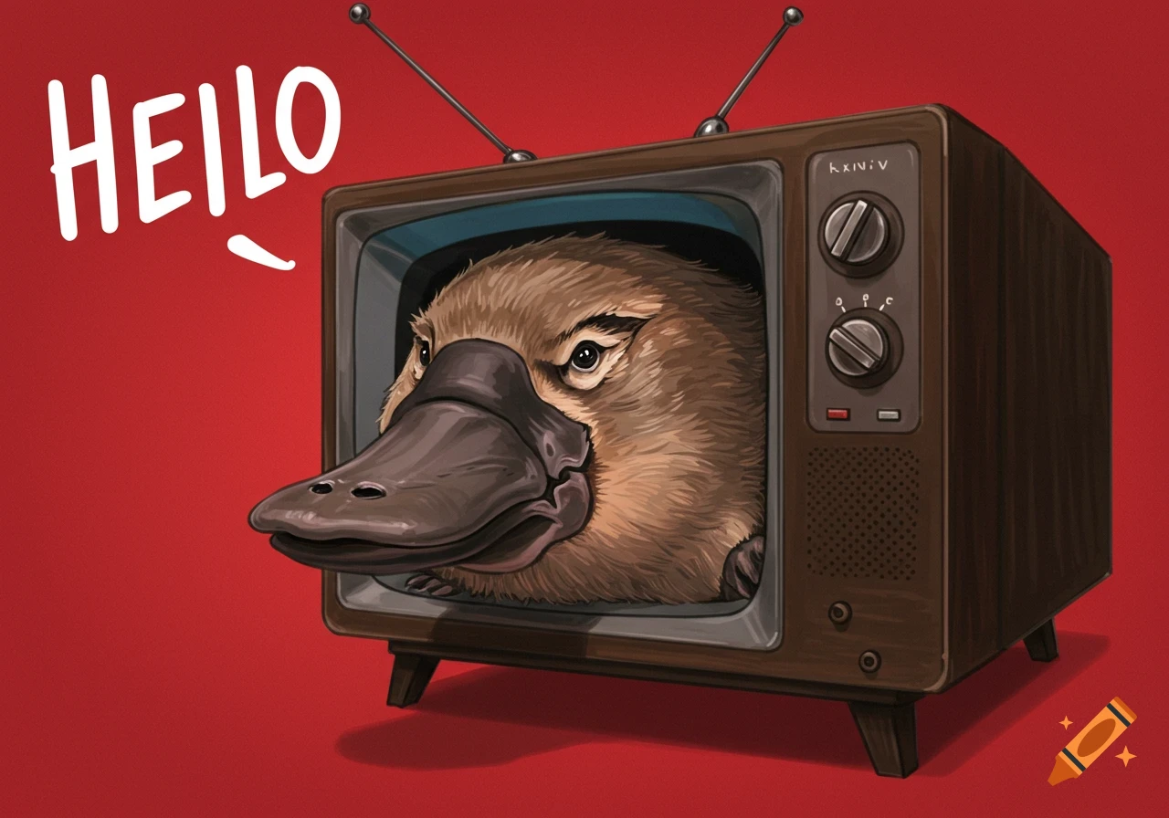 Illustrative image of a platypus head popping out of a retro television set, with the word 'HEILO'.