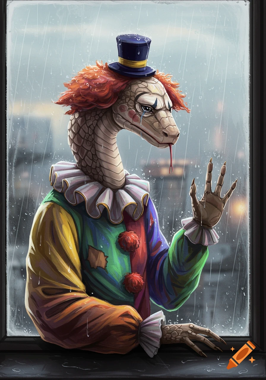 An anthropomorphic snake dressed as a sad clown cries while looking out a rainy window.