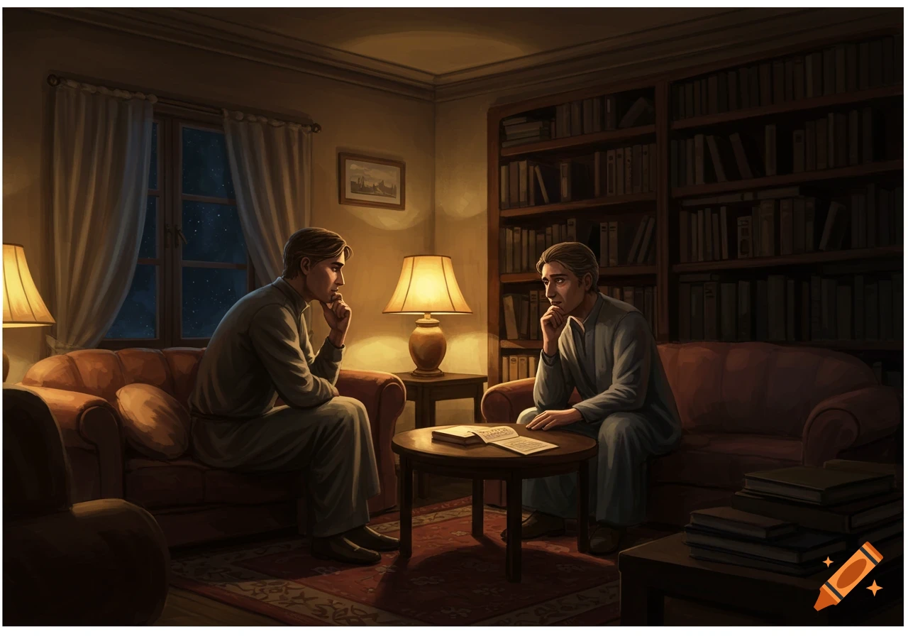 Two men sit in a lamplit room with a bookshelf, engaged in conversation.